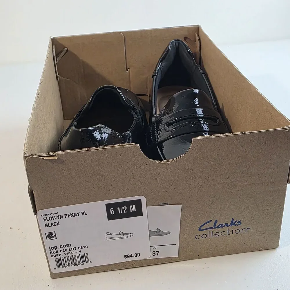 Clarks Originals Womens Ellowyn Penny Black Crinkle Pat Loafers Sz 6.5 M NEW NIB